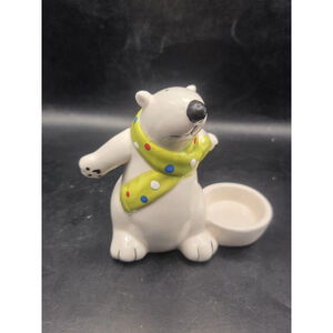 Ceramic Polar Bear Wearing Green Scarf Candle Holder
